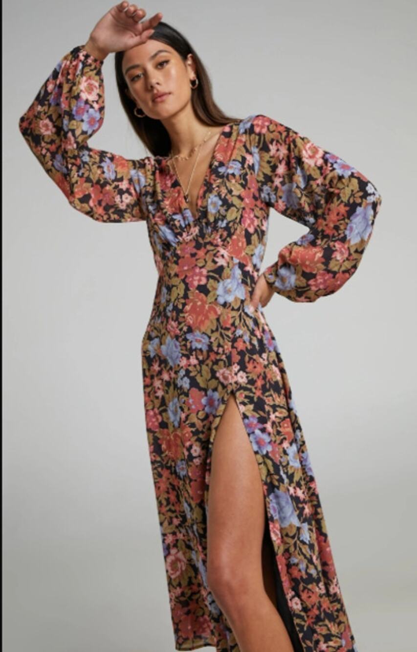 NWT Showpo Floral Long Sleeve Plunge Neck Midi Dress Floral Print Size 4